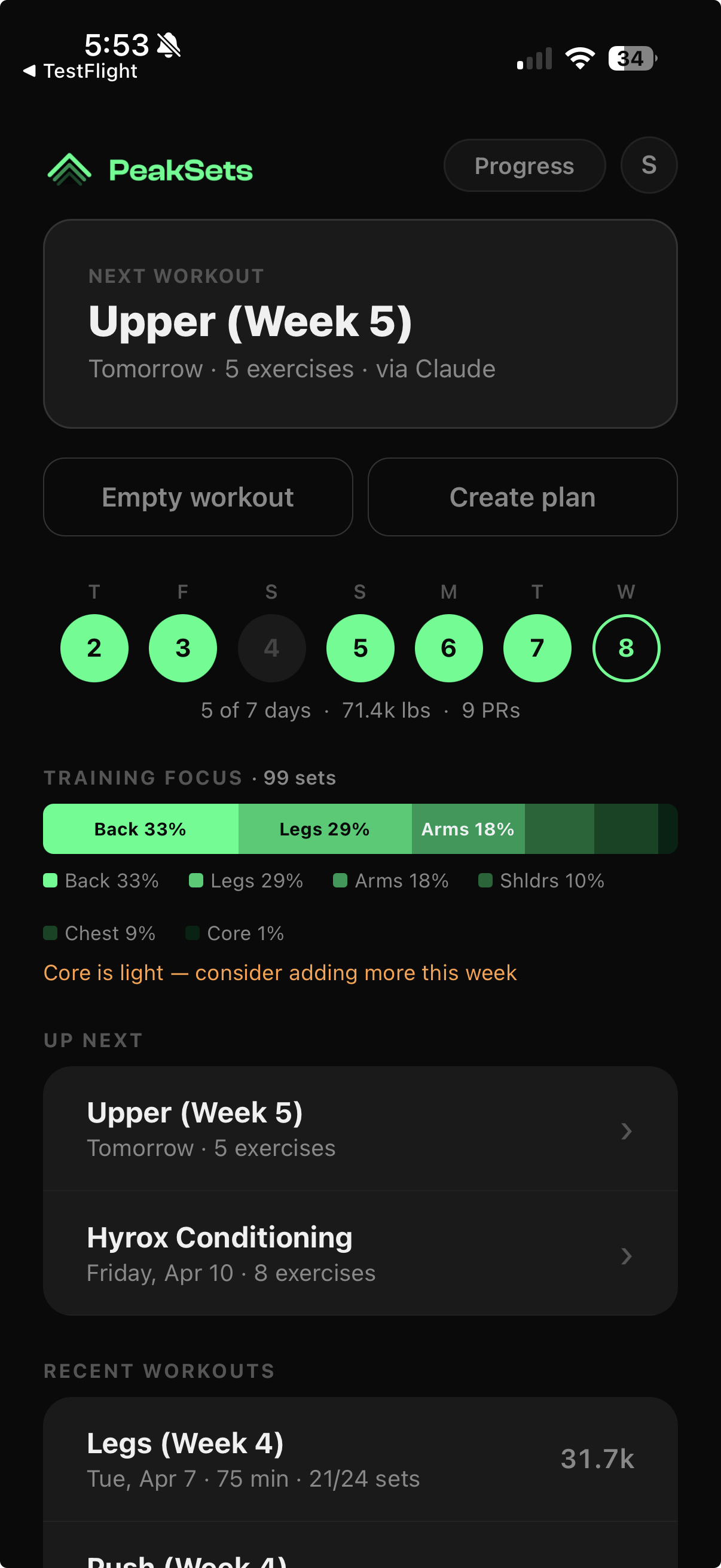 PeakSets Home Screen